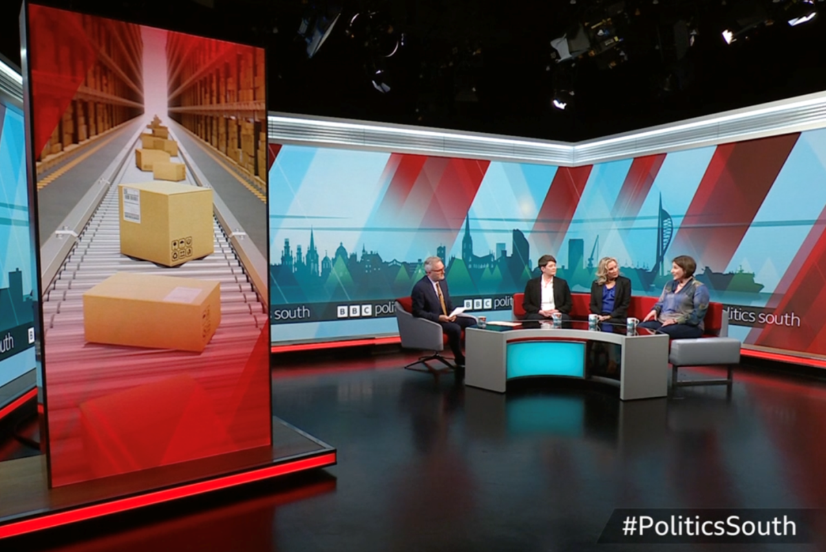 Studio shot of BBC Politics South with Prof Regina Frei