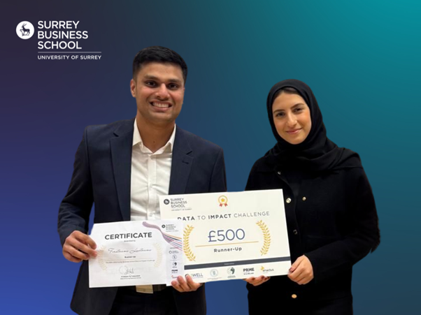 Graphic showing two Surrey Business Students with winning certificate for SBS Data to Impact Challenge entry