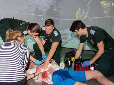 Paramedic sciences students in a disaster simulation