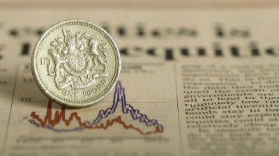 A pound coin sits on a financial newspaper