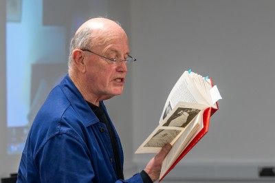 Iain Sinclair reading at a public event at the University of Surrey