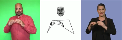 Three boxes, one with man, one with AI generated figure, and one with woman, all signing