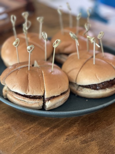 Vegan hamburgers on offer at plant-based tasting event held at Lakeside Restaurant at the University of Surrey, 6 May 2025