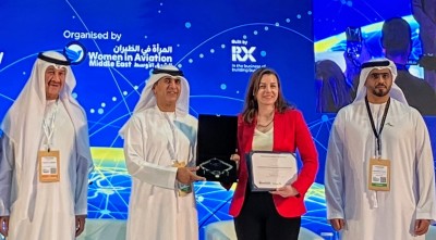 Dr Nadine Itani winning leading woman in aviation award at Airport Show in Dubai, May 2025