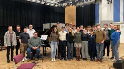 Cast recording of Grab Me A Gondola in University of Surrey PATS studio featuring the cast, band, Tonmeister students and staff from GSA and Music and Media