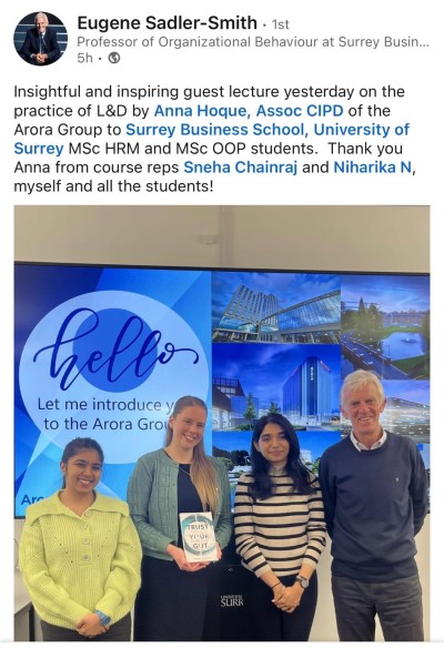 LinkedIn screen grab of Occupational and Organisational Psychology guest lecture at the University of Surrey, 2025
