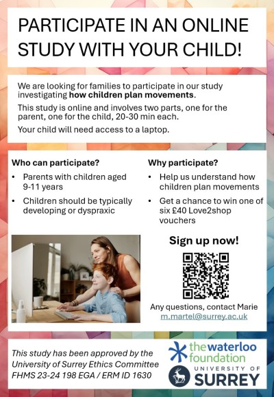 An image of the recruitment poster for the study. It has the details of participation and the QR code to scan to sign up.