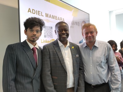Royal Brunei's Satheesh Durai and Adiel Mambara with University of Surrey's Dr Frankie O'Connell at Air Transport Management MSc careers talk