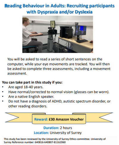 An image of the recruitment poster for the study. It has the requirements for participation and the reward info