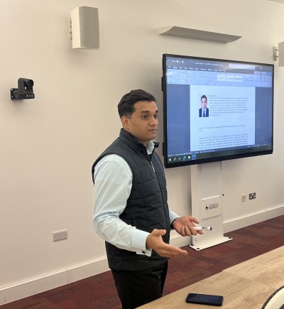 Fareez Faiz, Barclays Investment Bank, University of Surrey alumnus, giving a presentation to students