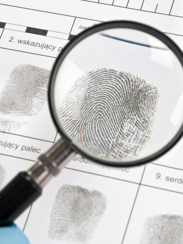 Fingerprints being analysed under a magnifying glass