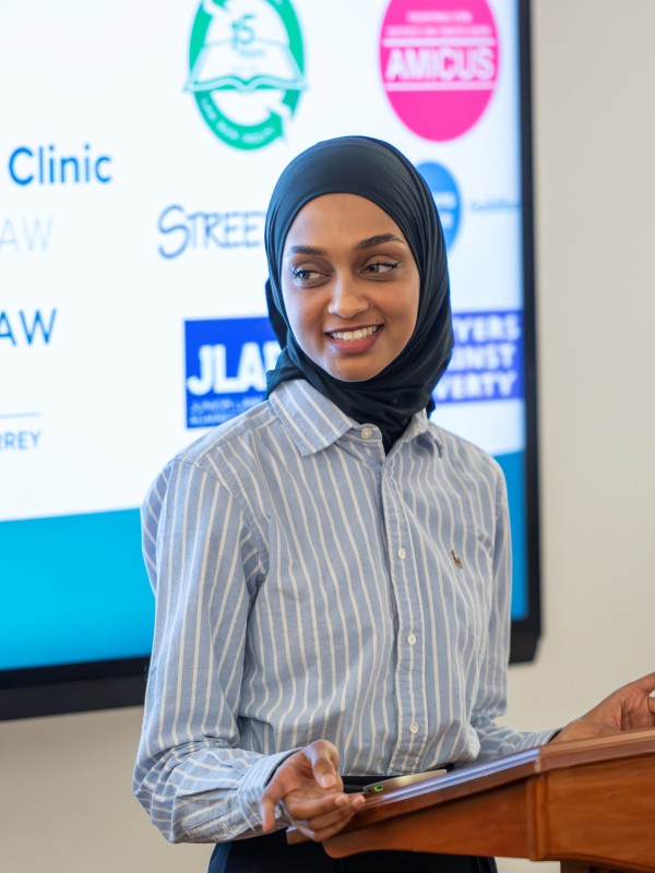 Law student Elaf at Access to Justice showcase held at the University of Surrey, Feb 2025
