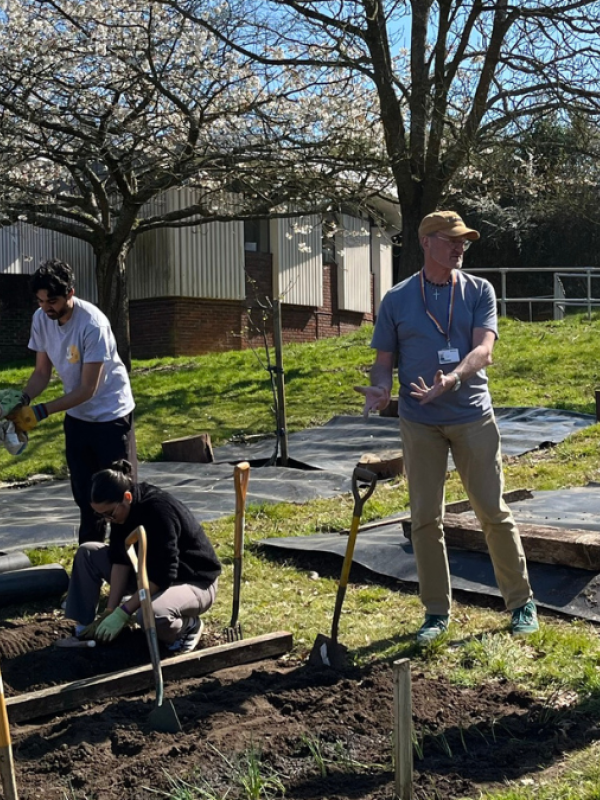 A group of students and staff gardening