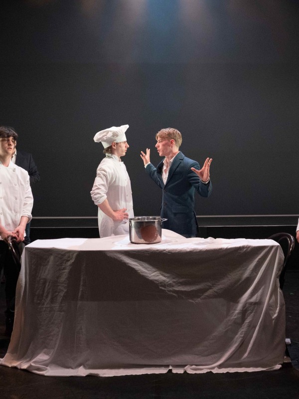 Production still of cast in GSA 'Interuptions', performance by GSA Cert HE Foundation students