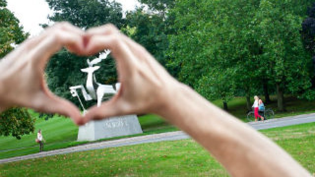 A student makes heart hands around the University of Surrey's stag statue on campus