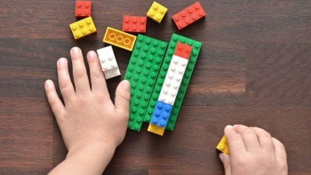 A child is playing with Lego bricks