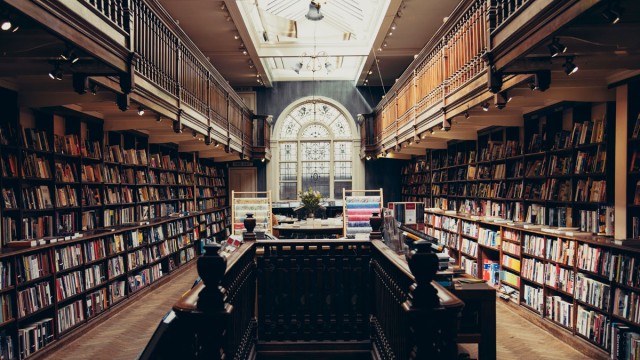 Library with stacks of books