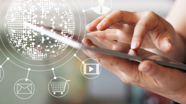 Person using phone with icons coming out of it