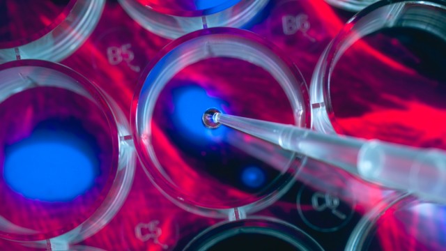 Pipette dropping liquid into a container above an image of a stem cell