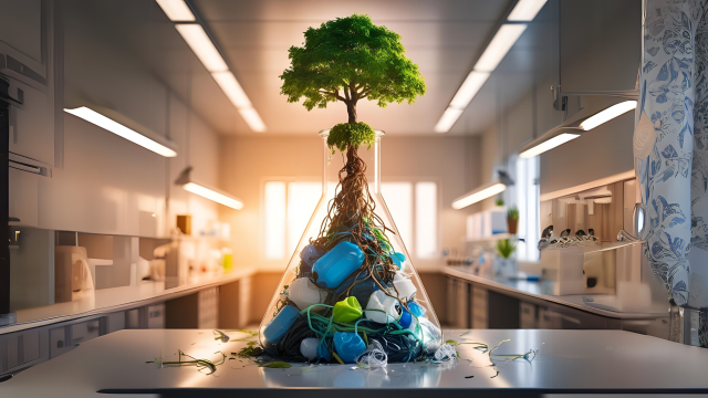 Tree in glass bottle surrounded by plastic