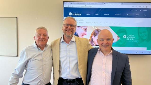 Judges at Surrey Business Schools first Hatchery Pitch: Sven Hughes Jeffrey Lawrence and Andy Miller, May 2025