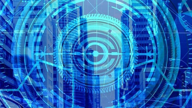 Digital overlay with buildings in background