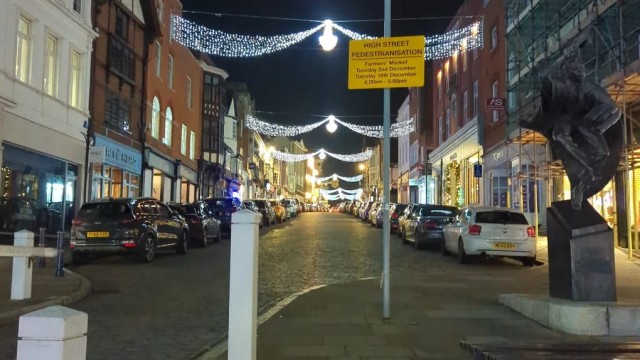 A view up Guildford High Street with Christmas lights