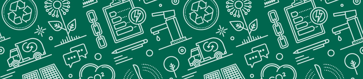 A green banner with icons representing different areas of sustainability.