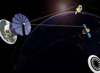 A simulated image of a large satellite in space, with Earth visible in the distance, beaming energy to small satellites
