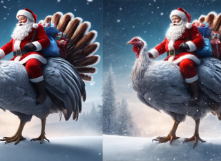 Side by side comparison of two images of santa claus generated by AI. On the right, DemoFusion's image is much more detailed, with individual snowflakes visible. 