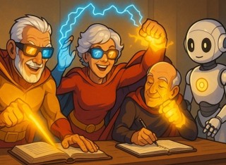 Cartoon image of a group of mature people with robot and books