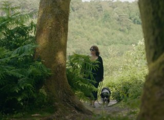 A woman walking in the woods with a dog