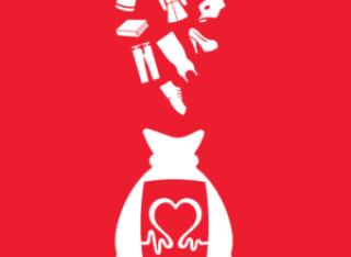 Red graphic showing white illustrations of clothes fall into a white bag with the BHF logo on it