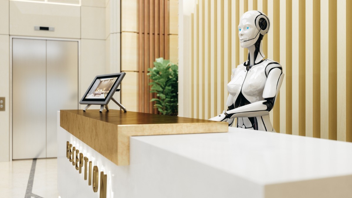 A robot works on a hotel reception desk