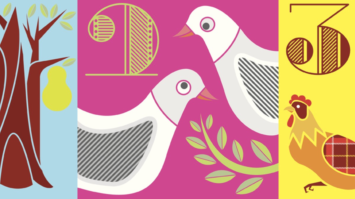 A partridge in a pear tree, two turtle doves and three French hens