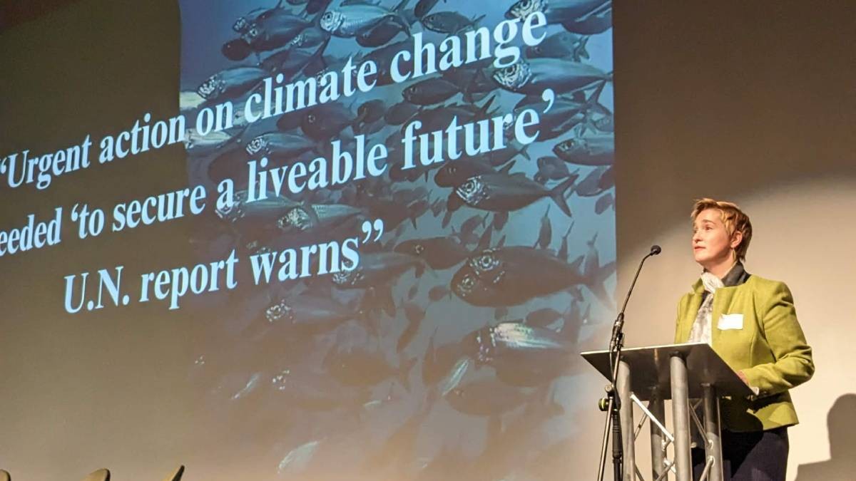 Professor Hadfield delivering her keynote speech at “What’s Stopping Us from Stopping Climate Change”