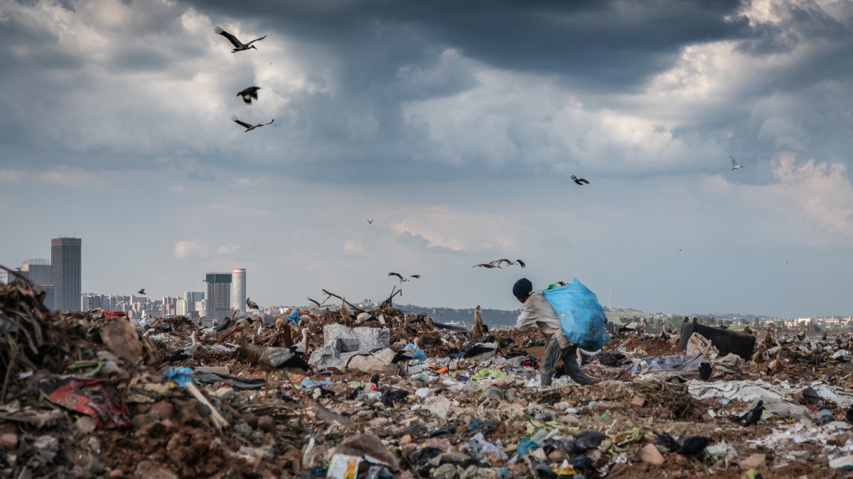 Waste picker child in Brazil with big blue sack and excited birds