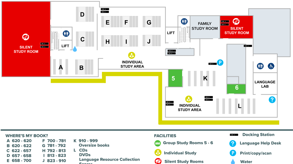 Plan of Level 2 of the Library, showing silent and individual study areas, family study room and group study rooms