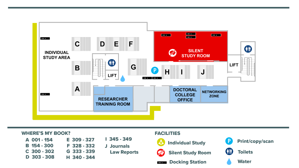 Plan of level 5 of the Library, showing silent study room, individual study area, researcher training room, and the doctoral college office